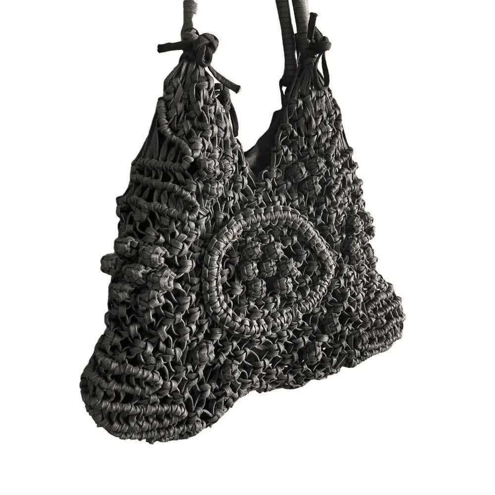 Clever Carriage Company Womens Black Crocheted Positano Hand Macrame Satchel Bag